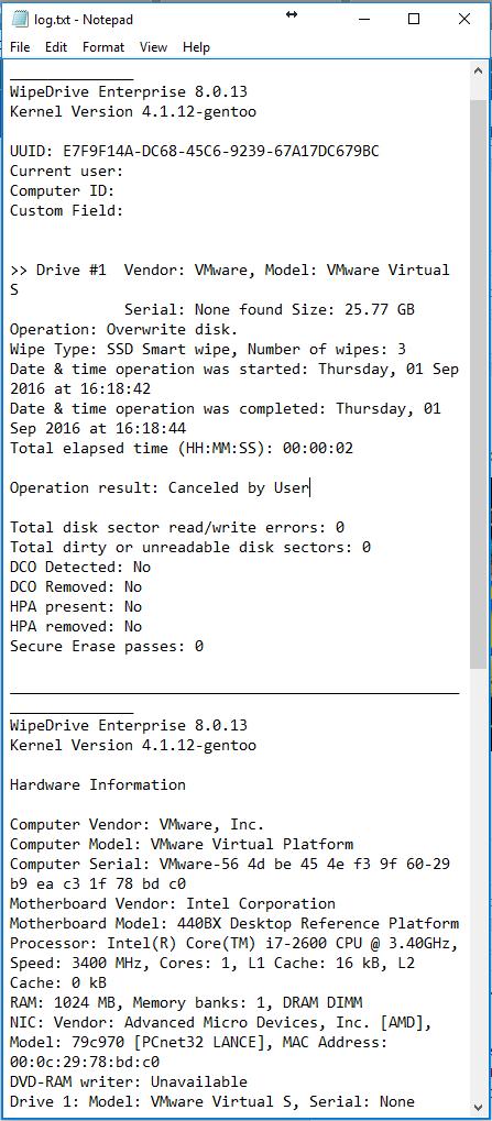 WipeDrive Enterprise Versin 8, March 31, 2017 Lg Frmat Types PLAIN TEXT LOG FILE OPTION WipeDrive by default