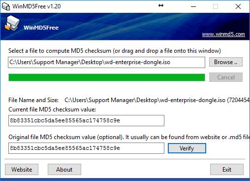 It will autmatically scan the file and display the current file MD5 checksum value in the space prvided.