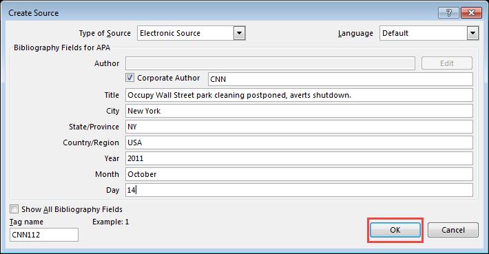 Type in the information for the required fields and click OK when finished. The citation then appears on the document.