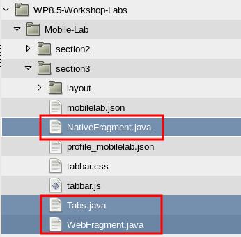 Step 27 Go back to the File Browser helper files window and select Tabs.java, NativeFragment.java and WebFragment.