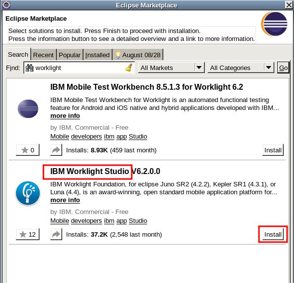 5. Find the IBM Worklight Studio solution and press the Install button 6.