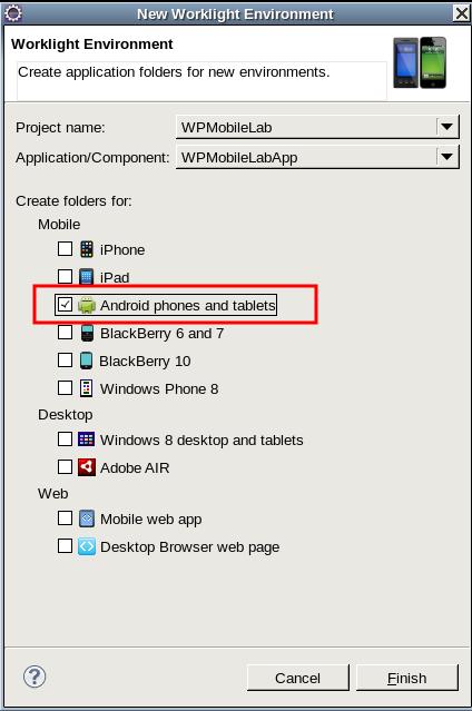 To create an environment, right-click on the WPMobileLabApp in the apps folder, then select New Worklight Environment.