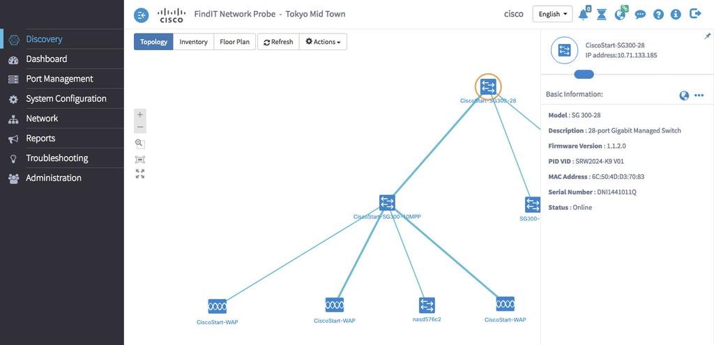 The Discovery page in the Probe offers multiple views of the network: Topology view: Displays a logical topology of all the discovered devices in the network.