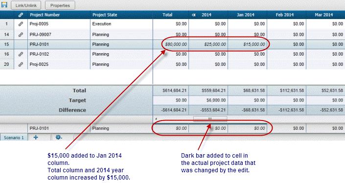 The project s Total amount and the year s total amount increases or decreases by the amount you entered.