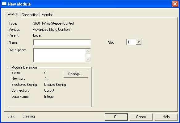 Open RSLogix 5000 and the project in which you want to install the AMCI 3601 module. 2. Right click on I/O Configuration in the Project Tree. 3. Select New Module. 4.