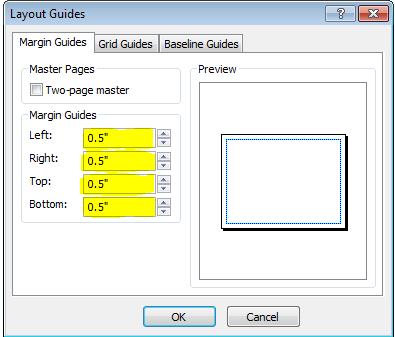 3. Go to Margin Guides: Use 0.50 all around (leave Two-page master unchecked). 4. Then under Grid Guides > Columns, enter 12, and set the spacing at 0.