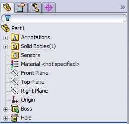 c) The FeatureManager Design Tree The left side of the screen shows the FeatureManager Design Tree, which is the way that SolidWorks shows the history and