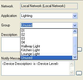 The device is then displayed. Configuring the device is similar to configuring a Dimmer channel. The Application needs to be chosen and then the group address chosen.