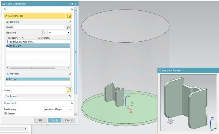 NX 11.0.2 Fixed Plane Additive Manufacturing Help Version #1 12 Add component Use the NX Assemblies Add command to add new components that you would like to the build tray.