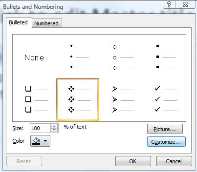 Formatting Bulleted Lists After a bulleted list has been created, the bullet symbols can be customized.