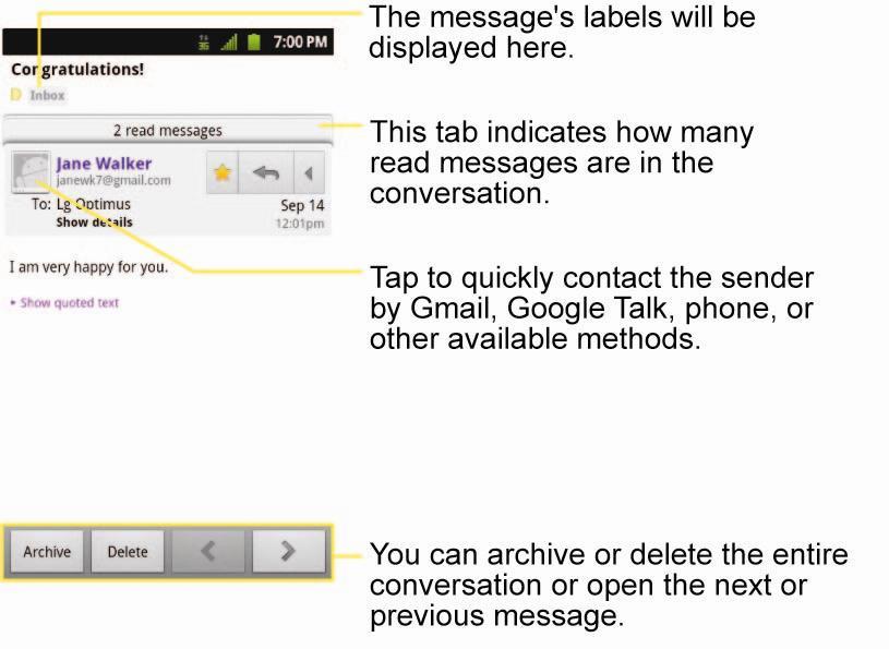 The Google Talk online status will appear next to the name of the sender of each message if the sender has a Google account.