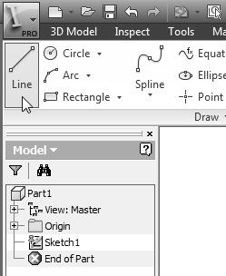 Select the icon by clicking once with the left-mousebutton; this will activate the Line command. Autodesk Inventor expects us to identify the starting location of a straight line.
