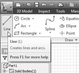 2. In the Status Bar area, the message: Select face, workplane, sketch or sketch geometry is