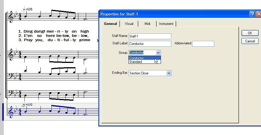 http://revfelicity.org/placer/howto/how-to-make-practice-cds-for-choral-parts/ 3 Conductor stave added by duplicating soprano stave. This can be muted for playback.