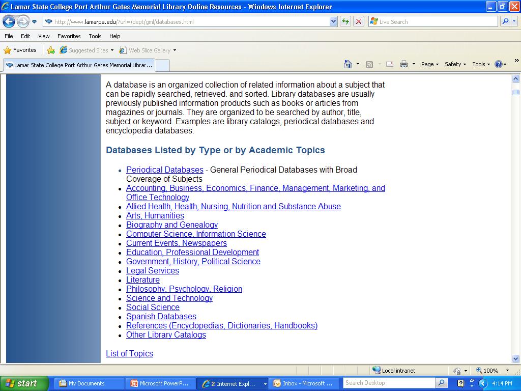 Below the link to the LSCPA Card Catalog is a list of database links.