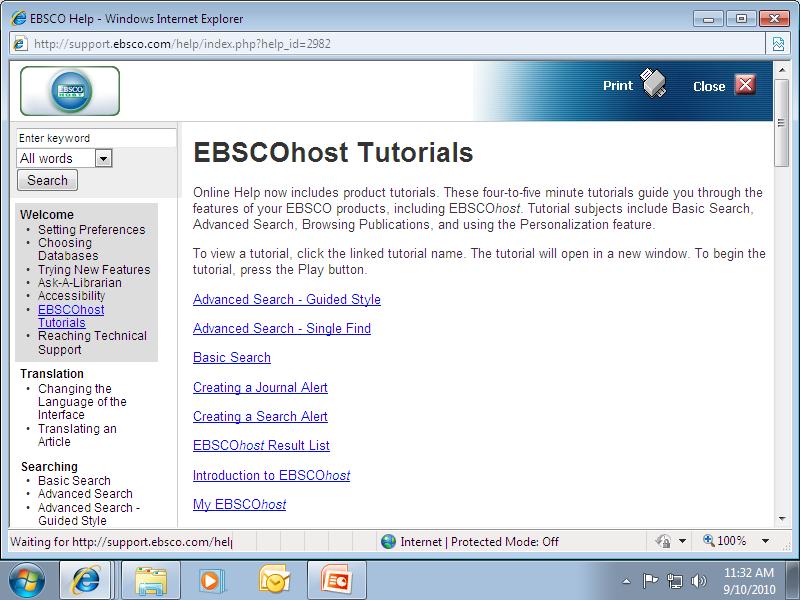 The user would click on the EBSCOhost Tutorials link in the left-hand column.