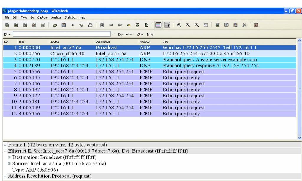 Figure 2. Wireshark Capture of the ping Command In Figure 2, the Panel List window shows a Wireshark capture of the ping command between a pod host computer and Eagle Server.