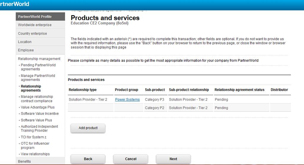 Product and Services Once you have clicked Next on previous screen, you will now see the selected