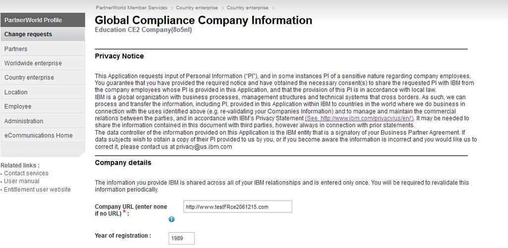 Global Compliance Note that the Company URL is prepopulated from