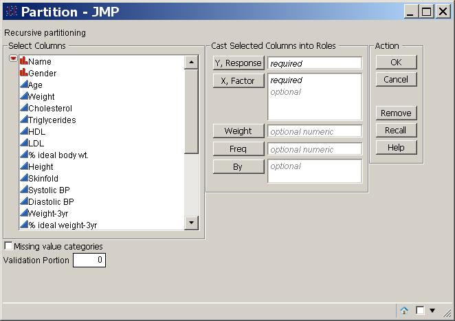 Next, the JMP Partition selection pane opens, providing the opportunity to select variables for roles in the model and make use of the initial options for the model.