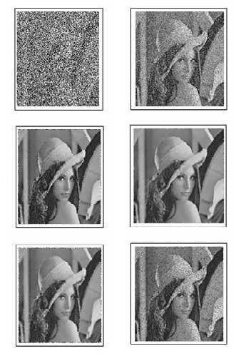 b c d e f g Figure 8. Another Sample of the results. a. Original Lena image. b. Lena image with 75% of salt and pepper noise. c. Lena image with 5% of uniform noise. d. Result of applying our CA model on b.
