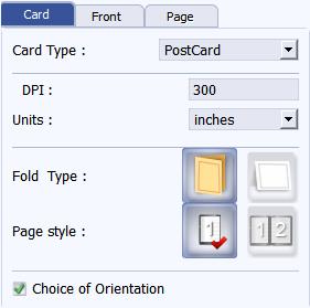 These are: Card Type (Window/Centerfold/Duplex Card/Postcard), Units and DPI.