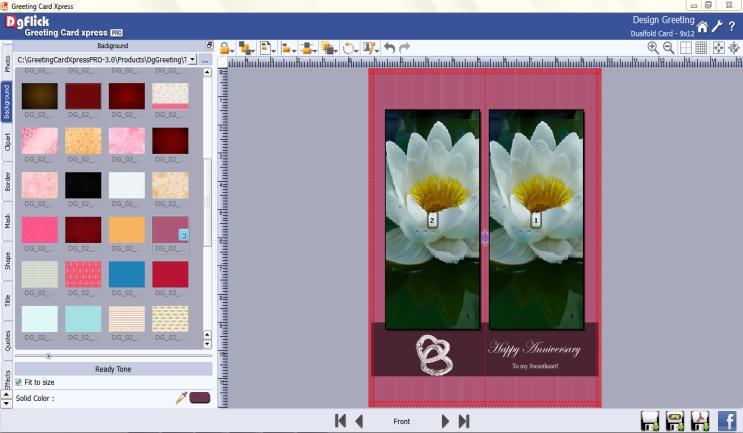 Image 3.3.3.6: Design Greeting Window. Theme tab Add Background Click on the tab on the option bar to replace the background for your Greeting Card or to fill it with any solid color.