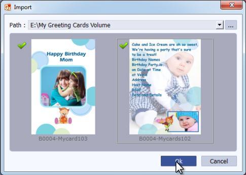 Image 6.2.1.3: The Import design window Now select the designs from the location and apply them to your creation. 6.2.2 Save and Build* Greeting Card Xpress gives you the option of building designs of your own and also sharing them.