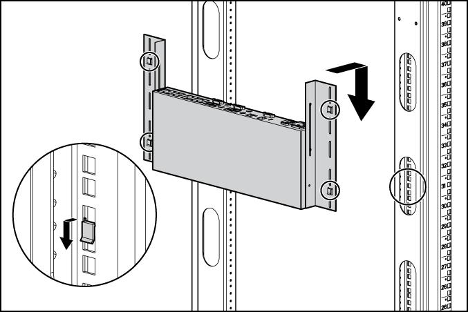 3. Slide the side-mounting bracket tabs into the U locations on each side of the rack. 4.