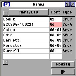 The Name/EID list is always sorted by port order, and the names and EID numbers are stored in the interface adapter ("Installing the interface adapter" on page 20).