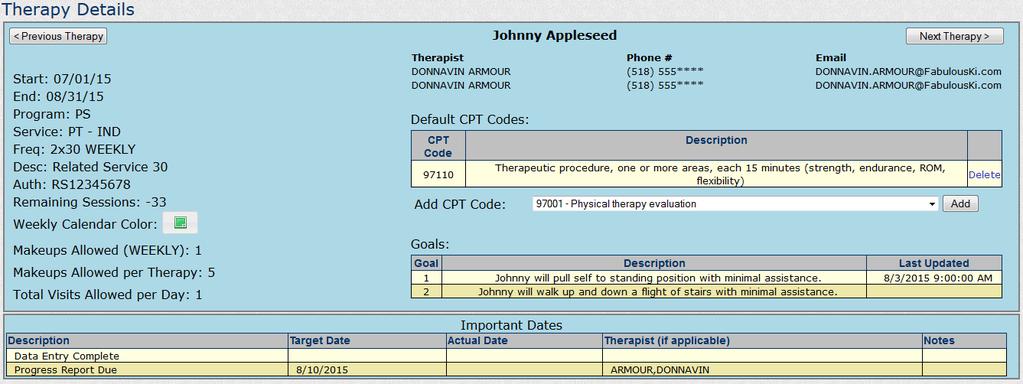 To View Therapy Details, Click the Assignment Info for a case The Therapy Details screen includes specific therapy information such as dates, program, service type, and session frequency, important