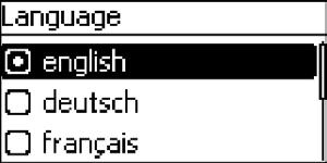 the language 1. Press SET. The main menu appears and the Device On/Off entry is selected (Fig. left). NOTICE English is set as the default menu language at the factory.