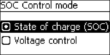 SOC Control mode Main menu è Battery settings è Battery è control mode è SOC control mode 1. Press SET. The SOC Control mode dialogue appears (Fig. left). 2. Press D, Ñ to change the control mode. 3.
