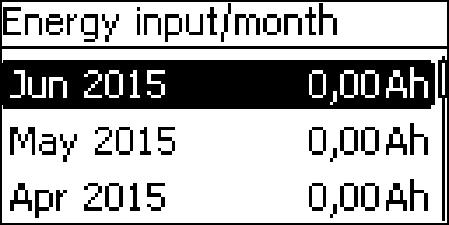 Energy input Month NOTICES Amount of input energy in Ah for the current month and the last 11 months. A graphical representation is possible. Main menu è Internal data logger è Energy input è Month 1.