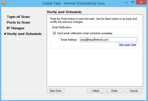 Define the IP Range that you would like to scan and select Next button. The Create Task - Verify and Schedule window will be displayed.
