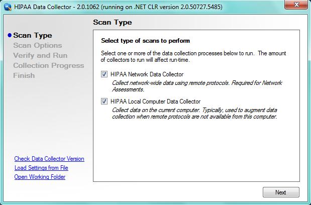 If you are running on a computer in the network, such as the domain controller, to run a network scan, select the HIPAA Network Data Collector option.