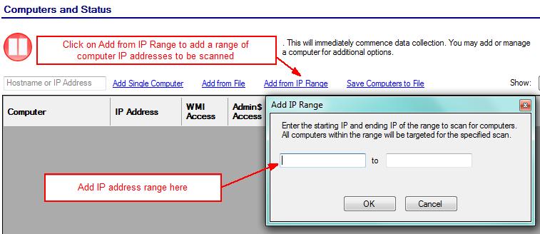 When you have input the IP address range into the IP Range window, select the OK button.