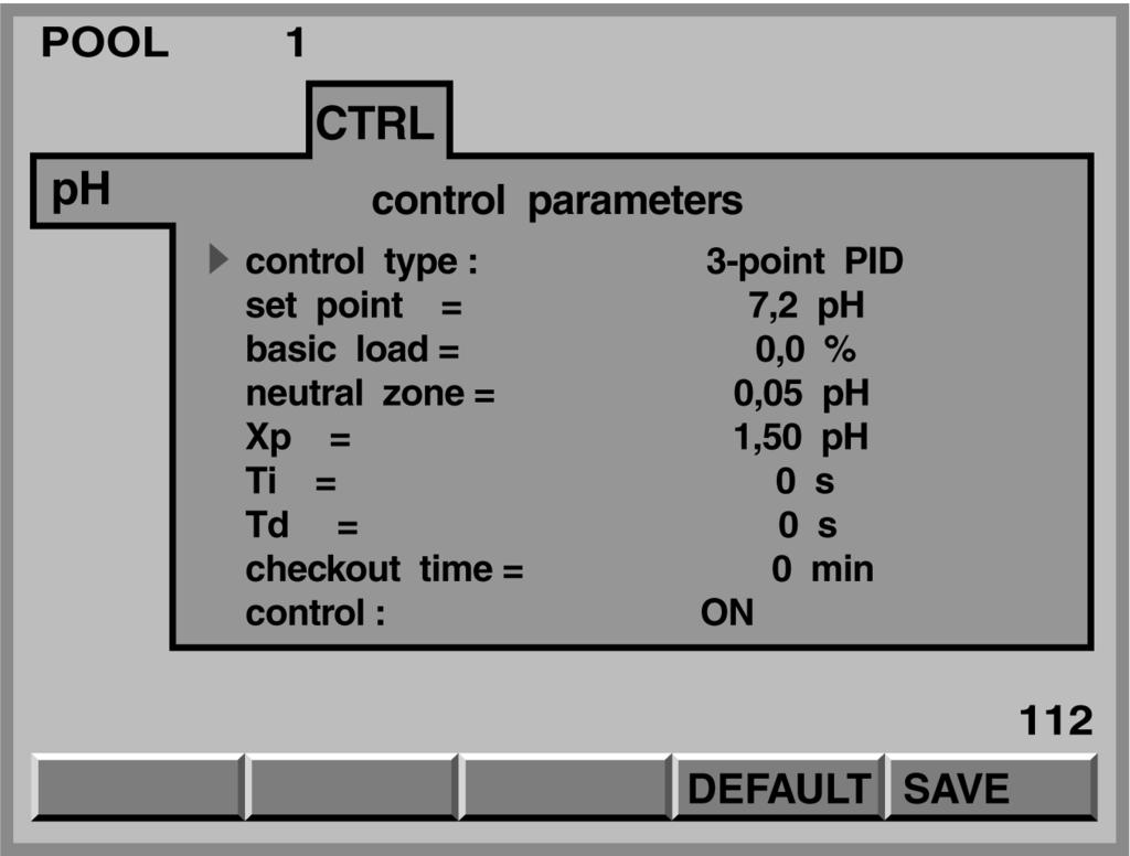 Parameter settings 5.3 Controlling 5.3.1 ph Adjustable variables Increments Remarks Control type manual PID 1 point see fig. 15 PID 2 point see fig. 16 P 2 point P 1 point Setpoint 0.00... 12.