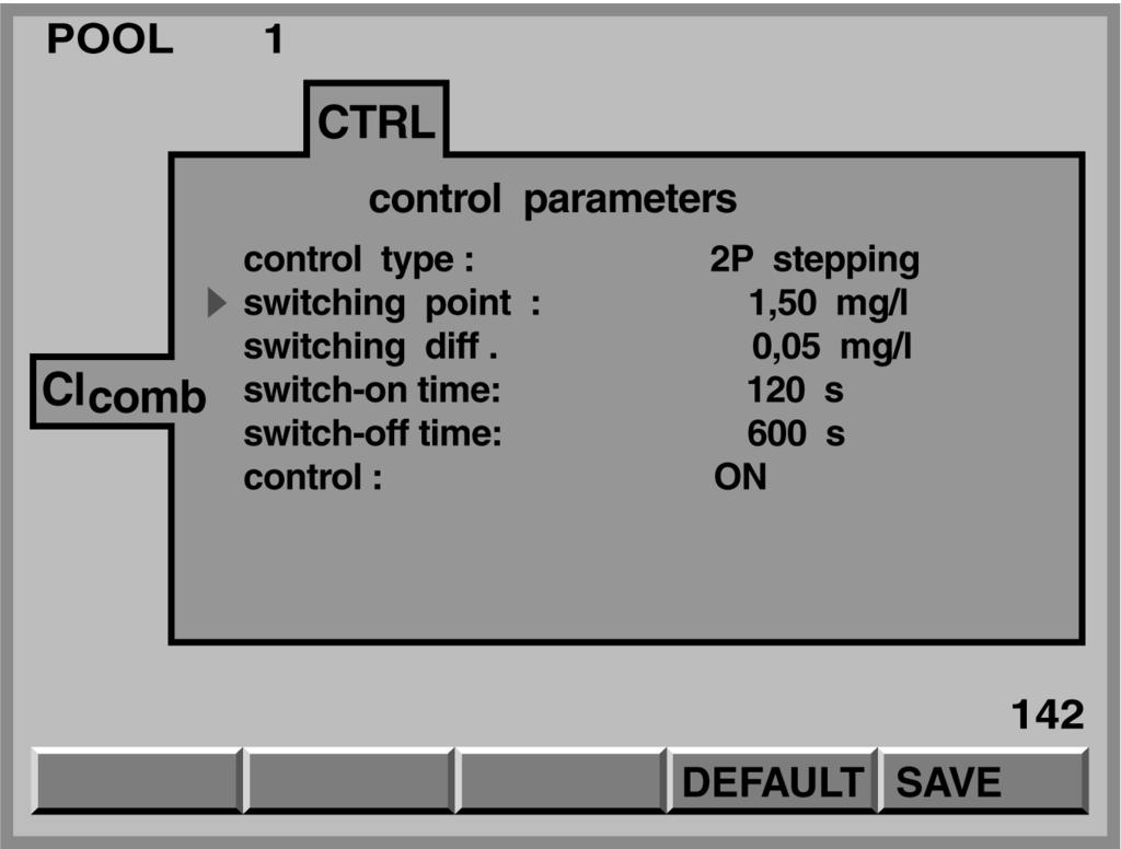Parameter settings 5.3.4 Chlorine, combined Adjustable variables Increments Remarks Switching point 0.00... 20.00 mg/l Above the switching point, relay P4 can switch an UV plant Switching diff. 0.00... 0.50 mg/l Min.