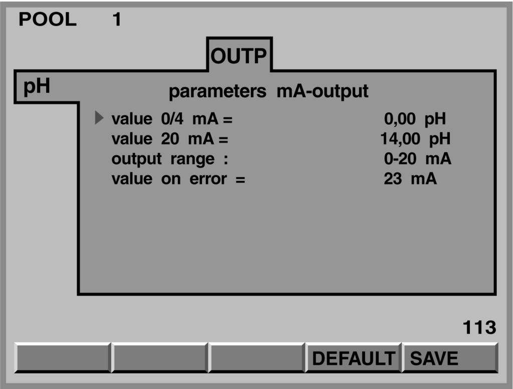 Parameter settings 5.4 ma output All measured variables Adjustable variables Increments Remarks Value 0/4 ma 0.00... xx.