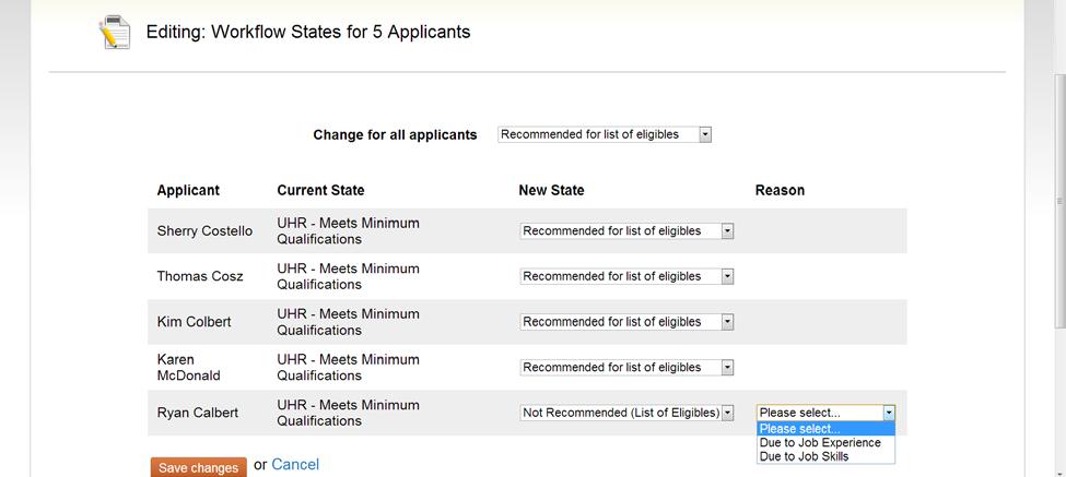 Click the down arrow to display the applicant statuses