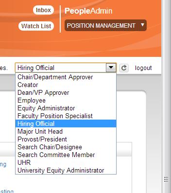 The drop-down menu will appear, if the user has multiple roles. To toggle between user roles select the new user role from the drop-down menu and hit the refresh button ( ) next to the user roles.