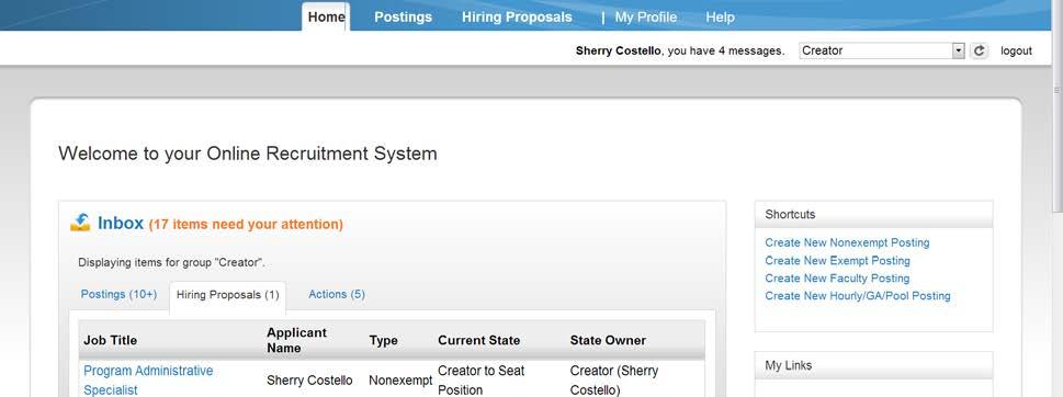 The Creator will receive a system generated email notification and can access the Hiring Proposal from their inbox.