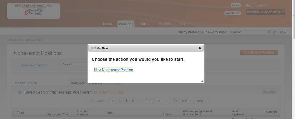 Select New Nonexempt Position (if the user had chosen Exempt in the beginning, the screen