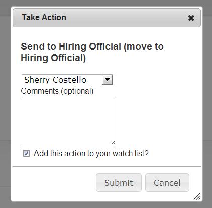 In the popup box, select the name of the person to send the action to. Enter comments for the user selected.