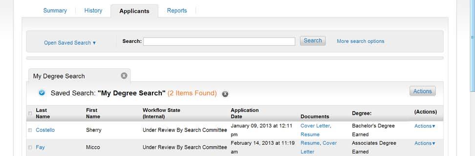 applicant page displays relevant applicant