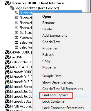 Peachtree Business Intelligence Find and Replace The Find and Replace feature in the Connector lets you change all instances of a name change, for example a table name that has changed. Method 1.
