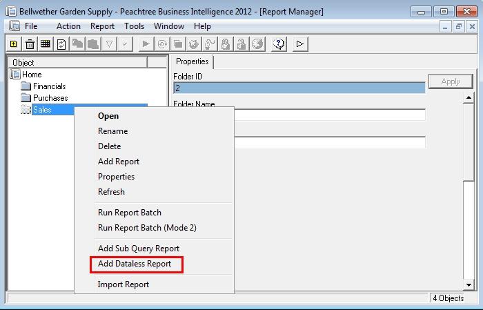 Peachtree Business Intelligence Add Dataless Report Method Peachtree Business Intelligence allows a user to Add a Dataless Report for the purpose of consolidating data from various sources.