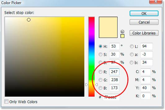 marker in the Gradient Editor, then click the Color swatch. This brings up Photoshop s Color Picker.
