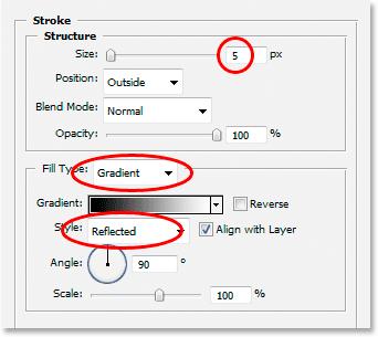 First, increase the stroke Size to 5 pixels. Then change the Fill Type from Color to Gradient. We re going to be using the same gradient colors for the stroke that we used on the text.